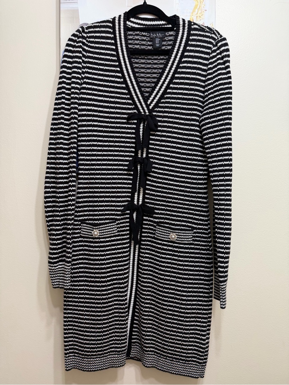 Nicole Miller Black and White Striped Tie-Front Long Cardigan